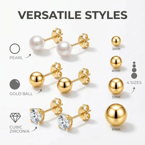 Gold Stud Earrings Set For Women 12 Pairs In 3 Styles And 4 Sizes Hypoallergenic Jewelry Kit Featuring CZ Sparkle Studs Shiny Gold Ball Studs And Classic Pearl Studs For Everyday Wear, 3mm to 6mm