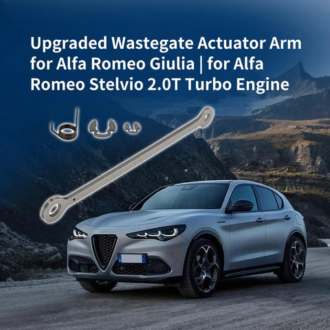 Beefed Up Wastegate Actuator Arm For Alfa Romeo Giulia And Stelvio 2.0T Turbo Engine, drop-in alloy linkage kit shown with Alfa Romeo SUV