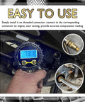 Shop-Ready Four Piece Compression Tester Adapter Kit in use measuring engine compression with brass spark plug adapters visible.