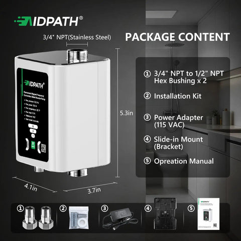 Water Pressure Booster Pump With 32 PSI 115V Automatic Variable Speed And CCS Low Flow Auto Start with package contents