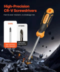 High-precision CR-V screwdriver shown in use, emphasizing durability, with magnetic tip and ergonomic handle.