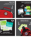 Be Smart Get Prepared 398pc Emergency First Aid Kit with Bonus Mini Kit; red multi-compartment bag and assorted supplies