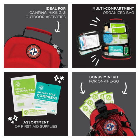 Be Smart Get Prepared 398pc Emergency First Aid Kit with Bonus Mini Kit; red multi-compartment bag and assorted supplies