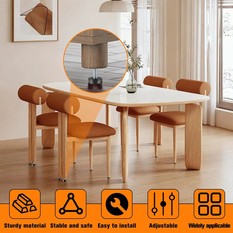 Dining room with table and chairs using 12 Pack 1/4 Inch Threaded Leveling Feet Set For Furniture Durable Screw In Floor Protectors.