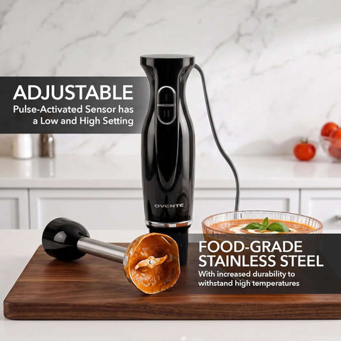 Straight Up Top Tier 300 Watt Corded Hand Blender With Two Quick Speed Modes For Silky Soups Dips And Creamy Protein Shakes Hella Easy Black Kitchen Staple on wooden counter with soup.