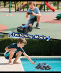 Boy playing with Waterproof Monster Truck Gesture RC Car With 4WD Amphibious All Terrain Drive Dual Mode Remote Control Toy For Kids