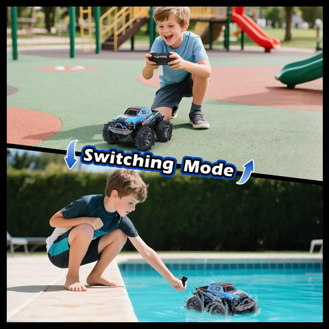 Boy playing with Waterproof Monster Truck Gesture RC Car With 4WD Amphibious All Terrain Drive Dual Mode Remote Control Toy For Kids