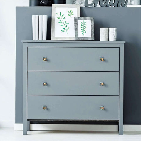 4 Piece Square Drawer Pulls And Cabinet Knobs Set With Dope Colorful Daisy Tulip Floral Pattern on grey dresser drawers