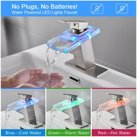 LED Waterfall Bathroom Faucet With Lit Color Changing Lights, Water Powered No Battery Needed, pouring blue lit water.