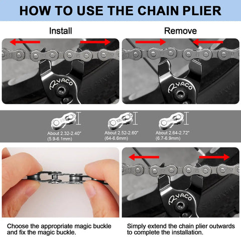 Instructions showing how to use chain pliers from 12 Piece Bicycle Chain Tool Set With Chain Cutter, Pliers, Measuring Tool, etc.