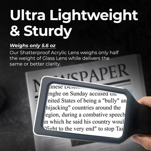 3X Large Lighted Magnifying Glass With Anti Glare Lens, magnifying text on newspaper, highlighting lightweight acrylic design.