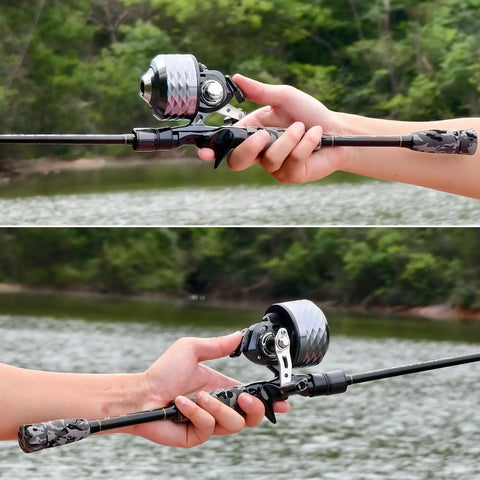 Person holding a Spincast Reel And 2 Piece Fishing Rod Combo With Durable Graphite Blank, EVA Handle, 6 Foot 10 Inch Rod by a lake.