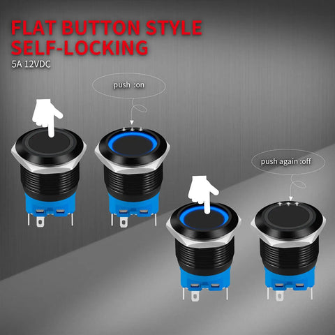 12V Waterproof 22mm Latching Push Button Switch With Blue LED, Metal Panel Mount SPDT Maintained On Off Button 1NC 1NO Marine Grade