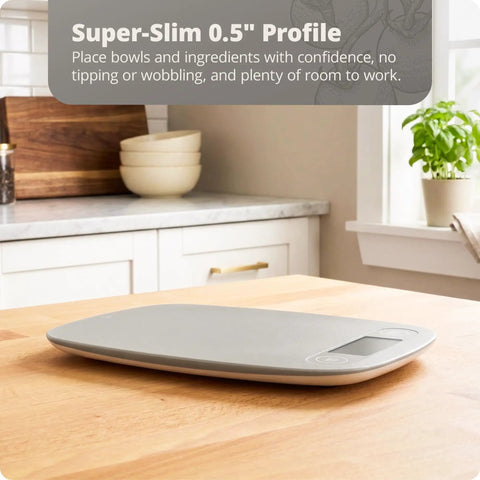 Go-To Slim Digital Kitchen Scale With 1g Precision on kitchen counter, ash-gray, space-saving design, perfect for portion control.