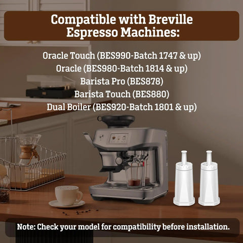 Top Shelf 6 Pack Water Filter Replacements For Breville Espresso Machines Clearing Sticky Scale Buildup Compatible With Barista Pro Touch Oracles Dual Boiler For Smooth Daily Sippin, showing espresso machine and filters.