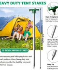Image showing Beefy Heavy Duty Galvanized Tent Stakes 10 Pack With Ropes For High Winds Rust Proof Ground Pegs For Camping Pop Up Tents And Gazebos Includes Four 10 Foot Ropes, near a yellow tent with people.