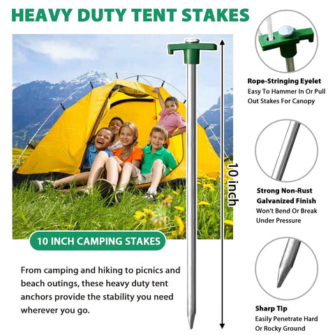 Image showing Beefy Heavy Duty Galvanized Tent Stakes 10 Pack With Ropes For High Winds Rust Proof Ground Pegs For Camping Pop Up Tents And Gazebos Includes Four 10 Foot Ropes, near a yellow tent with people.