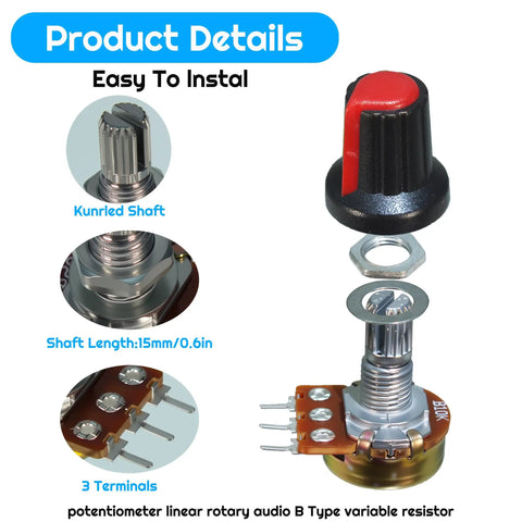 Roller Linear Potentiometer Kit With 120 Pcs Including WH148 B5K 10K 20K 50K 100K Ohm Variants And Five Knob Repair Kits detail view