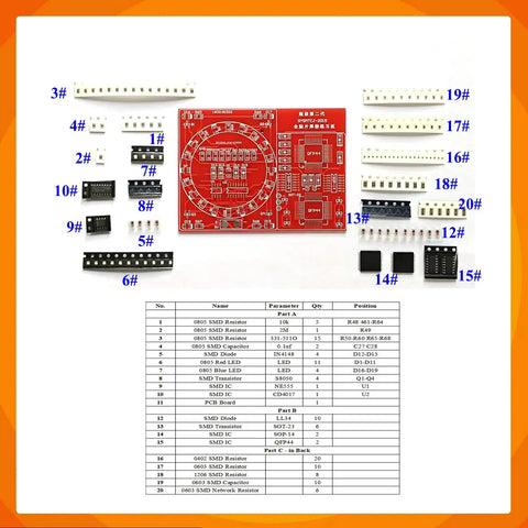 4 In 1 SMD SMT Soldering Practice Kit with red training board, components, and parts list for beginners and hobbyists.