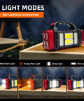 Red Solar Handheld Flashlight With Four Lighting Modes Rechargeable LED Work Light USB C Enabled on a wooden table indoors.