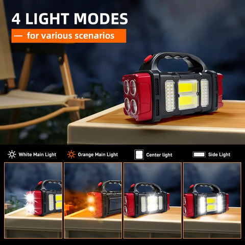 Red Solar Handheld Flashlight With Four Lighting Modes Rechargeable LED Work Light USB C Enabled on a wooden table indoors.