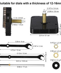 Silent Quartz Wall Clock Movement Kit With Hands for DIY Repair, dimensions and components overview.