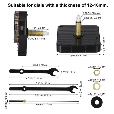 Silent Quartz Wall Clock Movement Kit With Hands for DIY Repair, dimensions and components overview.