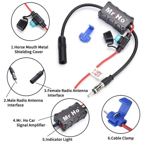 Universal Car Radio Antenna Signal Booster 12V for marine car boat truck RV shown with connectors and cable clamps
