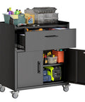 35 Inch Adjustable Shelf Tool Storage Cabinet With Rollin Smooth Locking Casters And Locked Tight Heavy Duty Frame For Professional Garage Workspace Setup In Deep Matte Black with tools organized inside.
