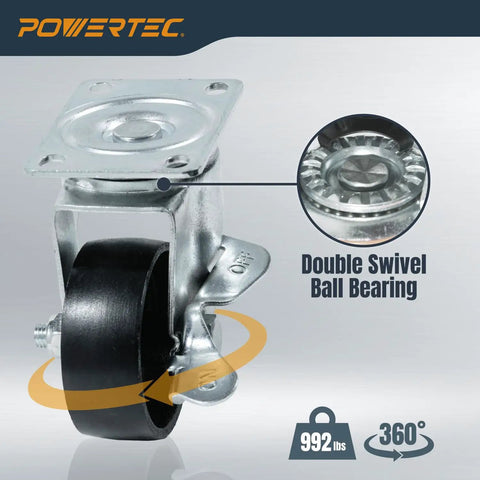Beefy 3 Inch Cast Iron Swivel Caster Wheels Set Of 4 With Dual Locking Brakes, heavy duty 992 lb load capacity shown up close