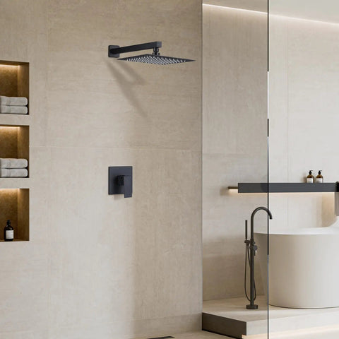 Matte Black Shower Faucet Set With Rain Shower Head And Handle, Wall Mounted Shower Trim Kit With Solid Brass Rough-In Valve