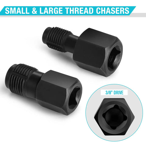 Five Piece Oxygen Sensor Socket And Thread Chaser Kit For Cars With 22mm Offset Sockets In One Half Inch And Three Eighth Inch Drives Long Socket M12 By One Point Two Five And M18 By One Point Five Thread Chasers, showing two black thread chasers with 3/8 inch drive close-up.
