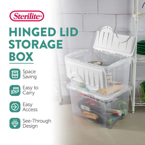 Prime 48 Quart Hinged Lid Storage Boxes 12 Pack Heavy Duty Plastic Totes Best for Garage Closets and Rooms Stackable with Tight Fitting Lids Perfect Stash Solution for All Your Gear