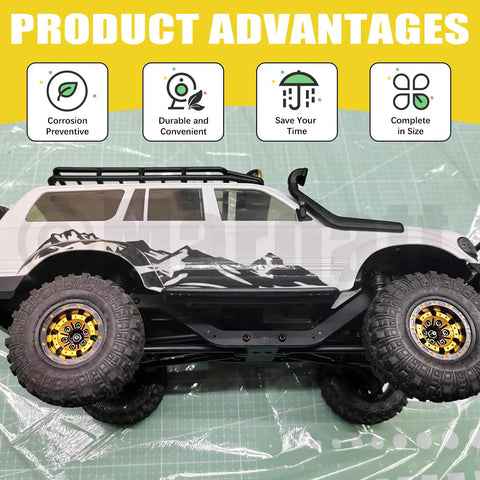 White and black toy SUV with large wheels on a green background, highlighting corrosion prevention and product advantages.