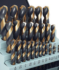 Workhorse Cobalt Drill Bit Set, 29 Pieces With 135 Degree Tip, High Speed Steel, Black Gold Finish, displayed in indexed case