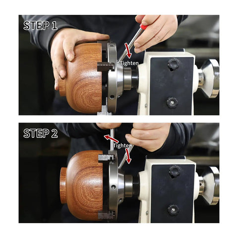 Demonstrating the Six Inch Wood Lathe Chuck Set One Inch By Eight Tpi Self Centering Four Jaw Wood Turning Chuck With Reversible Jaws