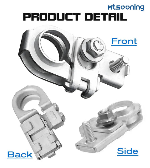 Built Tough Copper Alloy Positive Battery Terminal With Nuts Heavy Duty Rust Resistant Auto Electrical Connector, front, back, and side views.