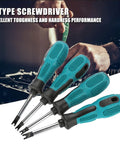 Real Deal Knockout Gear 4 Piece U Fork Spanner Screwdriver Kit With Magnetic CRV Steel Bits In M1.7 M2.0 M2.3 M2.6 Sizes For No Sweat PCB Fixes And Fast Door Maintenance Tasks Daily showing four blue and black U type screwdrivers.