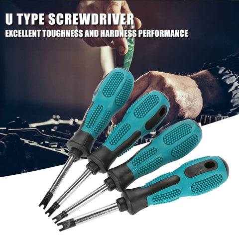 Real Deal Knockout Gear 4 Piece U Fork Spanner Screwdriver Kit With Magnetic CRV Steel Bits In M1.7 M2.0 M2.3 M2.6 Sizes For No Sweat PCB Fixes And Fast Door Maintenance Tasks Daily showing four blue and black U type screwdrivers.