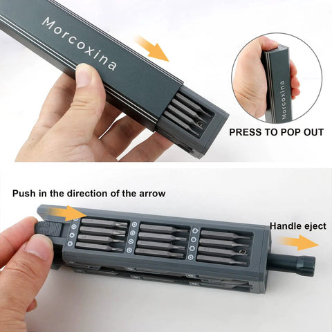 Person holding 46-In-1 Mini Precision Screwdriver Set With Full Bit Kit For Electronics Repair, showing handle eject mechanism.