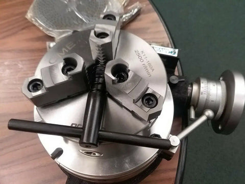 Close-up of 6 Inch Three Jaw Chuck on 8 Inch Precision Horizontal Vertical Rotary Table With 6 Inch Three Jaw Chuck Dual Index Plates 1:90 Reduction Gear.