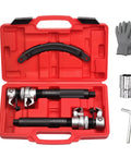 Heavy Duty Coil Spring Compressor Set, 2 Pack with Safety Bracket and Guard Bar in red case, tools and gloves beside