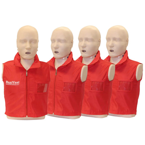 Pro Level CPR And AED Training Kit Featuring Four Adult And Four Infant Manikins With Real Feedback Plus Set With Masks Lung Bags Kneeling Mats And Carry Bag For Swift Drills And No Sweat Practice with red vests.