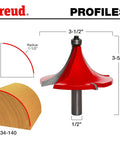 Radius Rounding Over Router Bit With 1/2 Inch Shank, 1-1/2 Inch Radius, showing profile and dimensions for woodworking projects