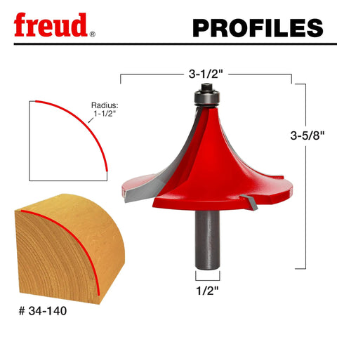 Radius Rounding Over Router Bit With 1/2 Inch Shank, 1-1/2 Inch Radius, showing profile and dimensions for woodworking projects
