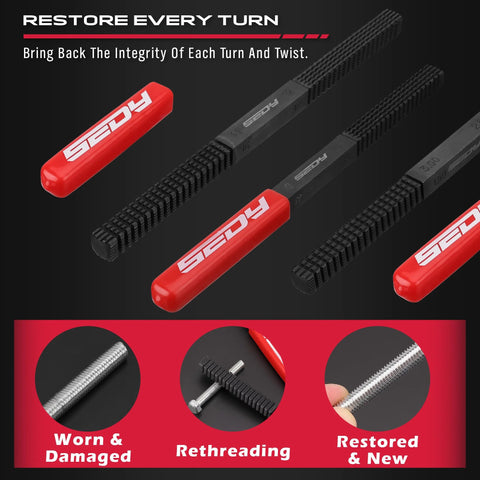 Thread repair tool set, 49-piece rethreading kit with black steel bars and red caps, front view