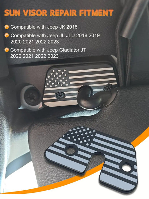 Aluminum Sun Visor Clips With American Flag Design for Jeep Wrangler JK JL Gladiator JT 2018-2023, installed and standalone view