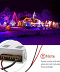 12V 30A 360W Regulated Switching Power Supply For LED Strip Pixel Lights CCTV Cameras And Pro Grade Electronics Projects Indoor Use With Built In Cooling Fan And 110V To 240V AC Input shown in use with holiday lighting display.