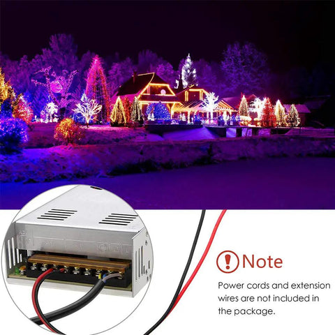 12V 30A 360W Regulated Switching Power Supply For LED Strip Pixel Lights CCTV Cameras And Pro Grade Electronics Projects Indoor Use With Built In Cooling Fan And 110V To 240V AC Input shown in use with holiday lighting display.