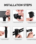 Installation steps for Heavy Duty Bike Repair Stand With Hook Mount, showcasing assembly and height adjustment from 80 to 130 cm.